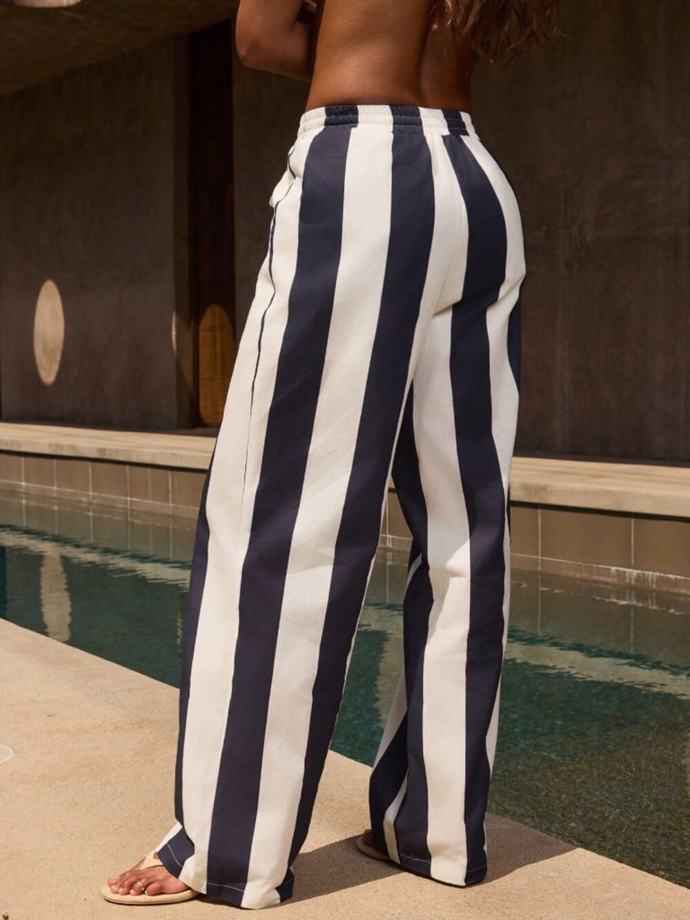 Casual Women's Tie Elastic Waist Linen Beach Striped Pants - Picture 7 of 7